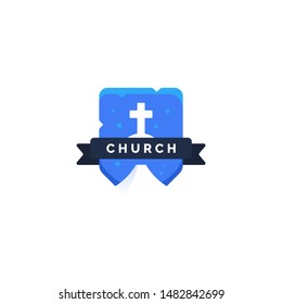 cross and mountain flat badge logo. Suitable for church, catholic, christian or religion logo