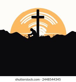 Cross with a Mourning Scene Logo Christian, Religion, Symbol, Emblem, Icon.