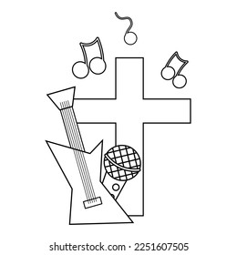 Cross and music microphone and guitar in black and white