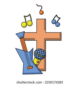 Cross and music microphone and guitar in color