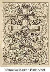 Cross. Mystic concept for Lenormand oracle tarot card. Vector engraved illustration. Fantasy line art drawing and tattoo sketch. Gothic, occult and esoteric background