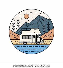 Cross the nature wild and stay camping mono line design for badge, sticker, patch, t shirt design, etc