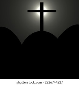 Cross in the night with copy space. A cross on a hill with a holy glow.