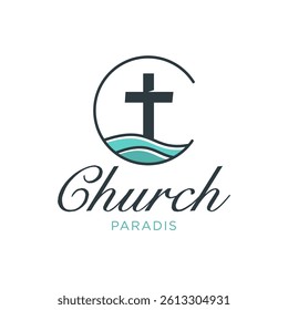 Cross with Ocean Waves for Religious Logo Design Vector Illustration