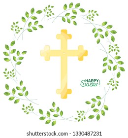 Cross on a background with sprigs. Happy Easter!