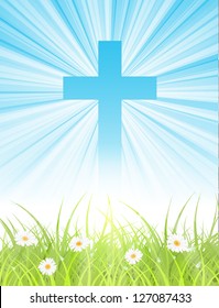 cross on blue sky, with sun rays and green lawn, with text, easter greeting card, vector illustration, with transparency, eps 10