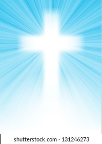 cross on blue sky, with sun rays and blue sky, with text, easter greeting card, vector illustration, with transparency and gradient mesh, eps 10