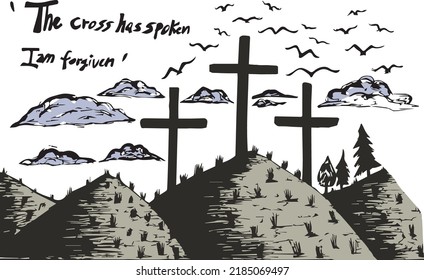 The cross on Calvary's hill with birds and cloud, The reminder of Jesus love, Christianity, Crucifixion.
