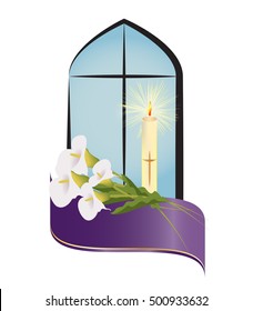  Cross on church window with flowers, candle and purple ribbon. Christian funeral, death religious symbol decoration or ornament. All souls festival.