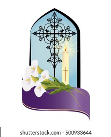 Cross on church window with flowers, candle and purple ribbon. Christian funeral, death religious symbol decoration or ornament. All souls festival.