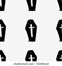 Cross on coffin. Dead man in hearse. Illustration for halloween. Seamless pattern