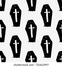 Cross on coffin. Dead man in hearse. Illustration for halloween. Seamless pattern