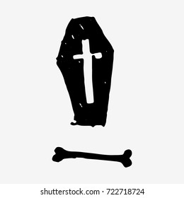 Cross on coffin. Dead man in hearse. Illustration for halloween