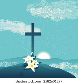 Cross on Faith Hill religious event hand drawn vector poster. Resurrection Morning, white lilies, cross, new life in Christ Christian church symbols. Holy week, Easter Sunday celebration illustration