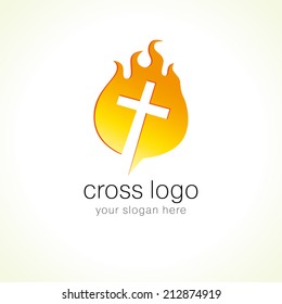 Cross on fire christian church logo. Vector icon for churches, christian organizations, bible colleges and conferences. Isolated abstract graphic design template. Brand identity concept.