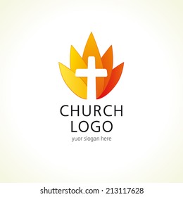 Cross on fire christian church logo. Vector icon for christian organizations. Fire sign in a shape of water lily flower. Isolated abstract graphic design template. Brand identity concept.