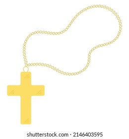 Cross on a gold chain. Accessory for prayer. Color vector illustration. Isolated background. Flat style. Happy Easter. Religious decoration. Idea for web design, invitations, postcards.