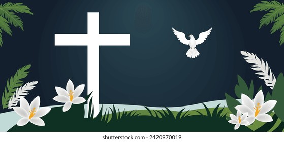 cross on the grass with white flowers and pigeon vector poster for good Friday