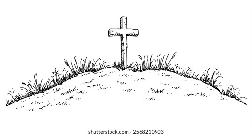 cross on a grassy hill in peaceful black illustration