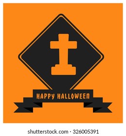 Cross on Grave icon. Black Happy Halloween Ribbon Banner on Orange background. Vector illustration
