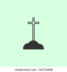 Cross on the grave icon flat. Grey vector symbol on green background