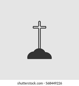 Cross on the grave icon flat. Black pictogram on grey background. Vector illustration symbol