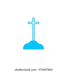 Cross on the grave icon flat. Blue pictogram on white background. Vector illustration symbol