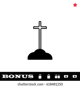 Cross on the grave icon flat. Black pictogram on white background. Vector illustration symbol and bonus button open and closed lock, folder, star