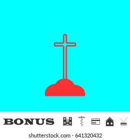 Cross on the grave icon flat. Red pictogram on blue background. Vector illustration symbol and bonus buttons Music center, corkscrew, credit card, house, drum