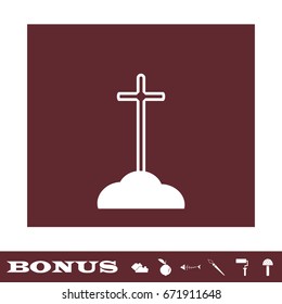 Cross on the grave icon flat. White pictogram on brown background. Vector illustration symbol and bonus icons