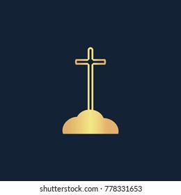 Cross on the grave icon flat. Simple gold pictogram on dark background. Vector illustration symbol