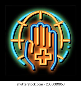 Cross On Hand Palm Planet neon light sign vector. Glowing bright icon transparent symbol illustration