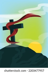 Cross on a hill with Red Cloth blown away. Editable Clip Art.