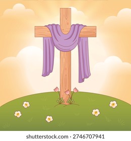 Cross on Hills with Spring Flowers