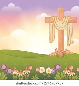 Cross on Hills with Spring Flowers