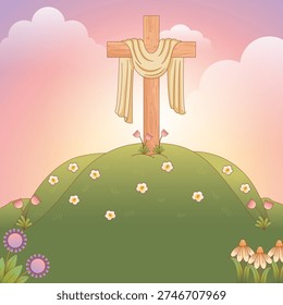 Cross on Hills with Spring Flowers
