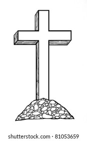 Cross on hillside, black and white vector illustration.
