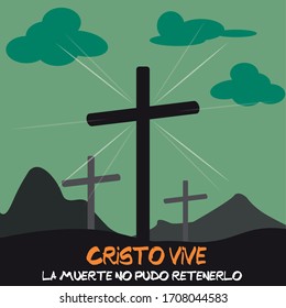 
Cross on the mountain at dawn. Three crosses at sunset. Cross symbol. Christian religion. Resurrection.