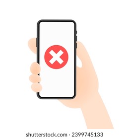 Cruza la pantalla del teléfono. Plano, color, teléfono en la mano, mano humana, pantalla de teléfono, icono de cruz. Icono de vector