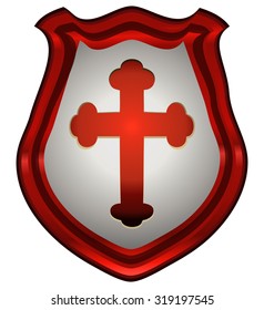 Cross on a Red Glossy Shield, Vector Illustration. 
