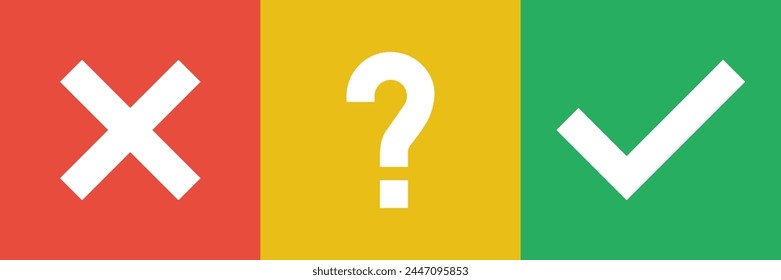 Cruz en rojo, pregunta en amarillo, marca en verde. Concepto positivo neutro negativo. No, puede ser, no hay póster.
