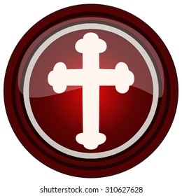 Cross on a Red Round Glossy Button, Vector Illustration. 