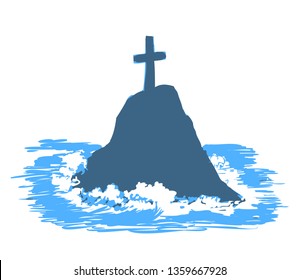 Cross on rock in the sea - blue simply vector