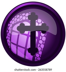 Cross on a Round Glossy Violet Button, Vector Illustration isolated on White Background.