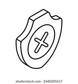 Cruz en el escudo, icono isométrico de alerta de seguridad o sin vector de seguridad, no verificado