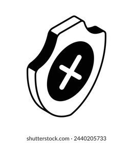 Cruz en el escudo, icono isométrico de alerta de seguridad o sin vector de seguridad, no verificado