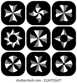 Cross on square shape icons. Black and white design elements. Vector art.