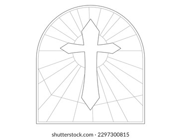 cross on the stained glass windows line art design vector for kid coloring book decoration background  