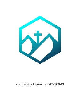 Cross on summit blue logo design. Montain, adventure, religion logo design