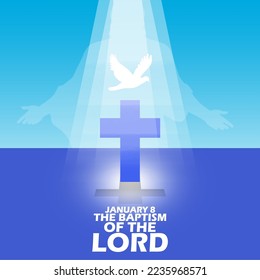 A cross on the water with a bird and the silhouette of Jesus illuminated by the holy light from the sky with bold text to commemorate The Baptism of the Lord on January 8